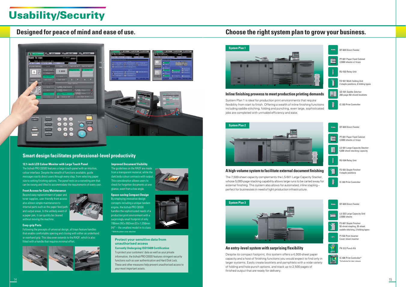 Usability/security, Designed for peace of mind and ease of use, Choose the right system plan to grow your business | Intel bizhub PRO C6500 User Manual | Page 8 / 8