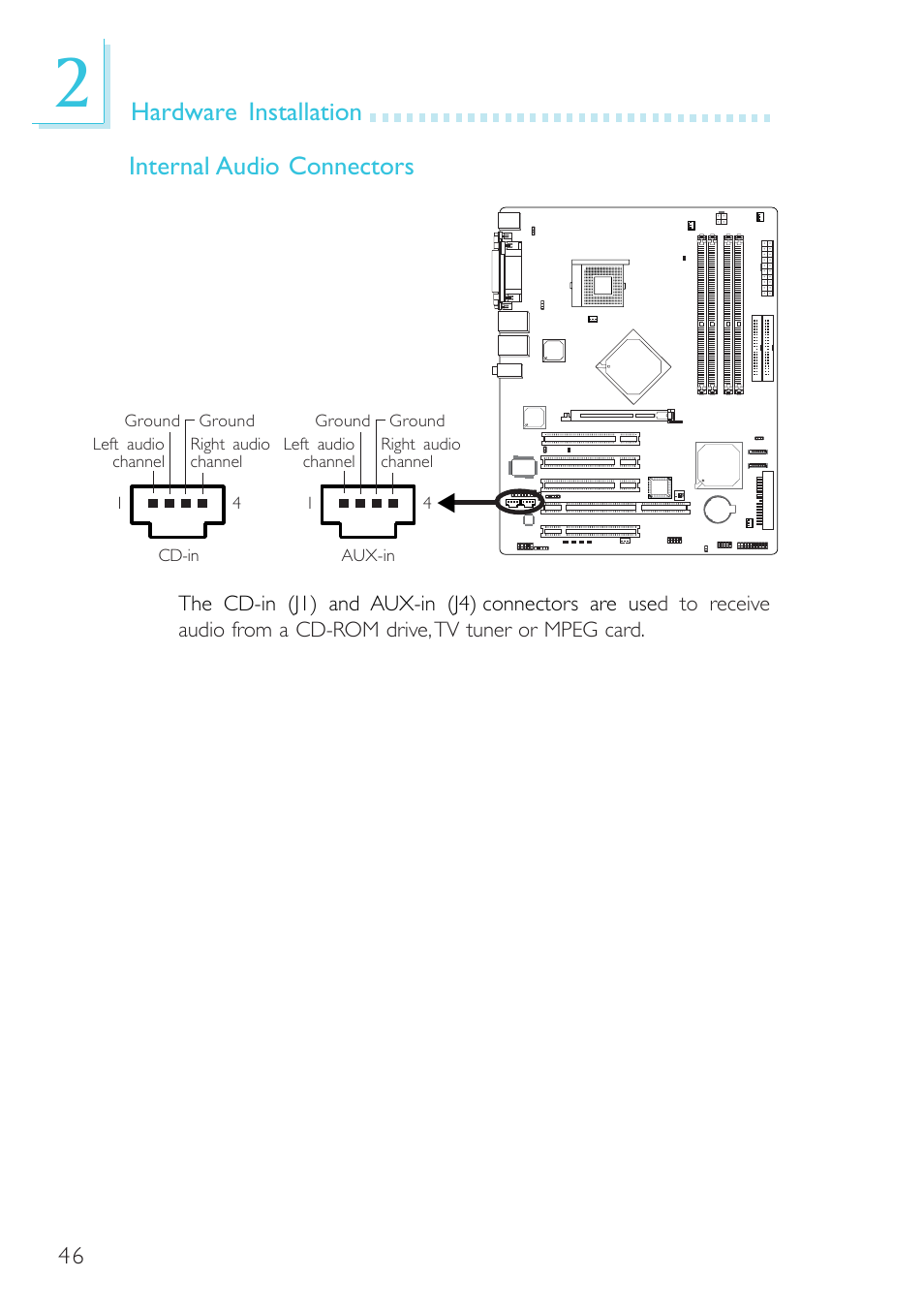 Hardware installation internal audio connectors | Intel System Board G4H875-B User Manual | Page 46 / 129
