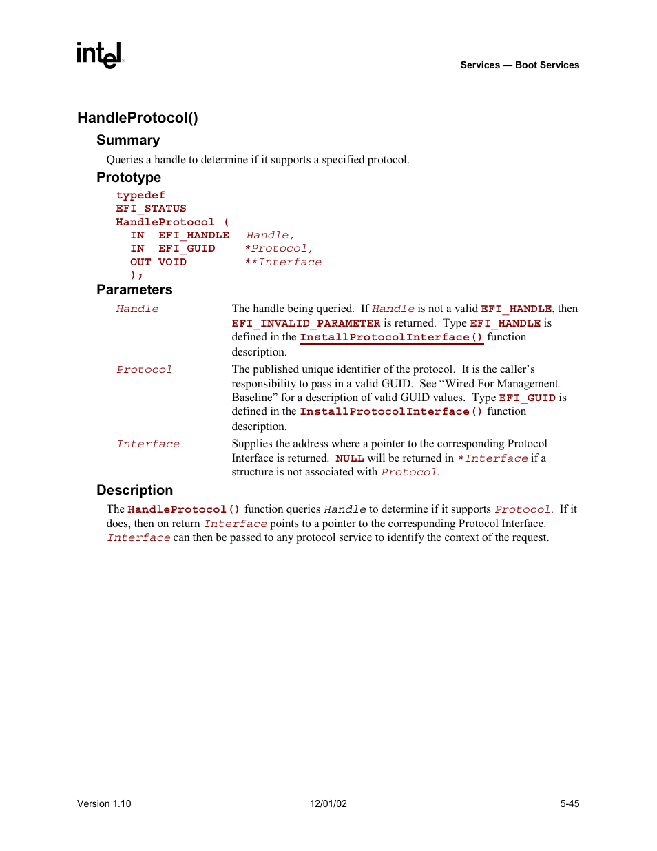 Handleprotocol() | Intel Extensible Firmware Interface User Manual | Page 143 / 1084