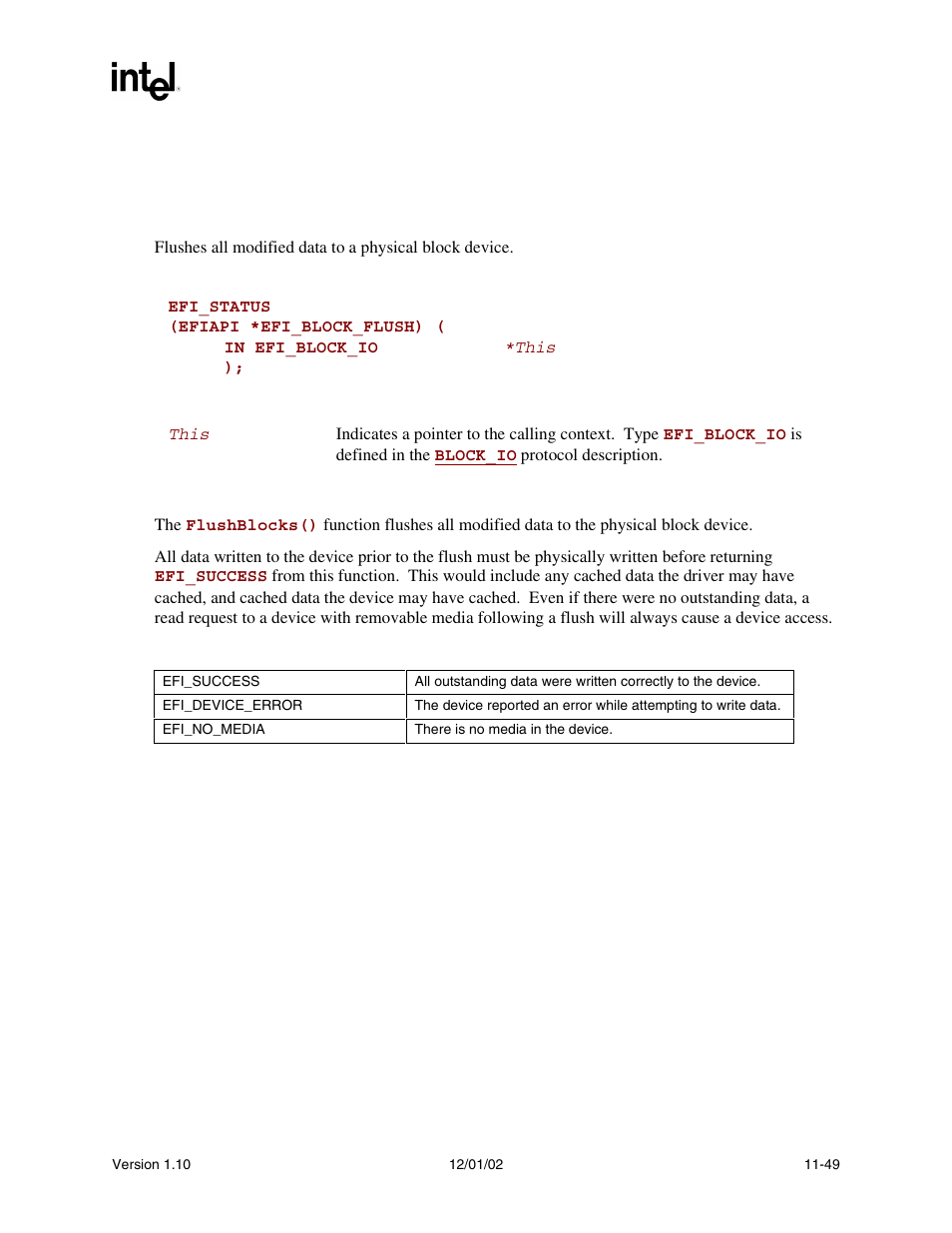 Efi_block_io.flushblocks(), Flushblocks() | Intel Extensible Firmware Interface User Manual | Page 409 / 1084