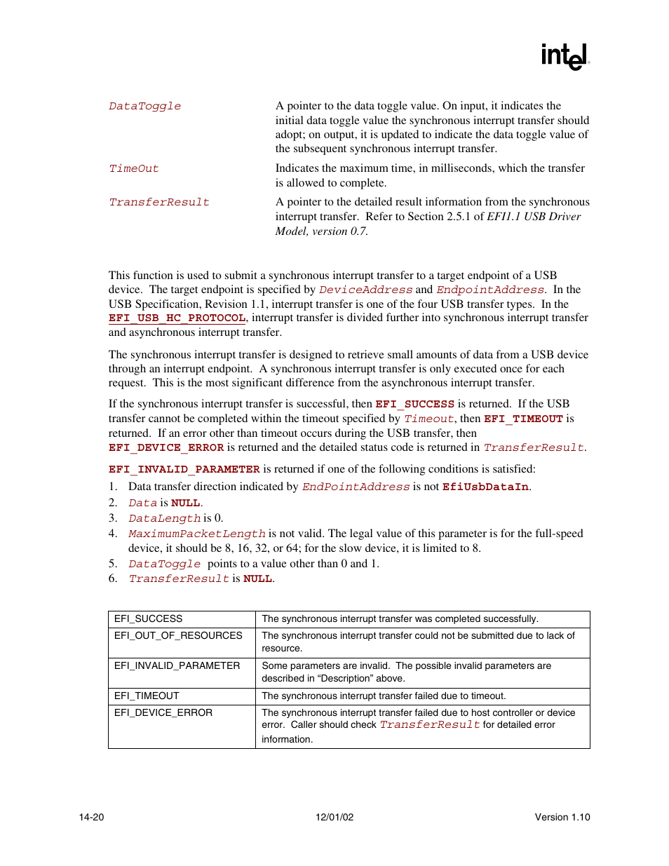 Description, Status codes returned | Intel Extensible Firmware Interface User Manual | Page 560 / 1084