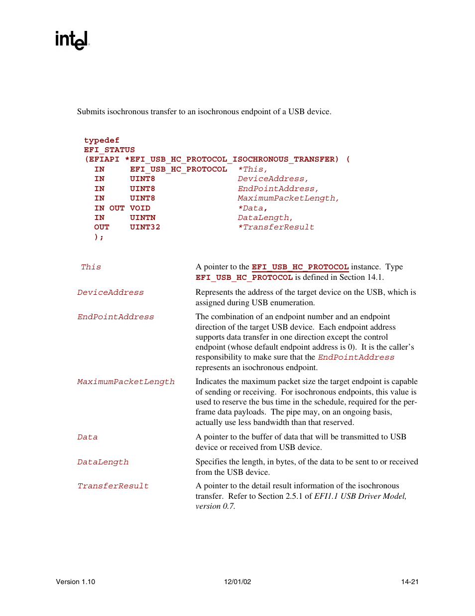 Efi_usb_hc_protocol.isochronoustransfer(), Isochronoustransfer(), Func | Intel Extensible Firmware Interface User Manual | Page 561 / 1084