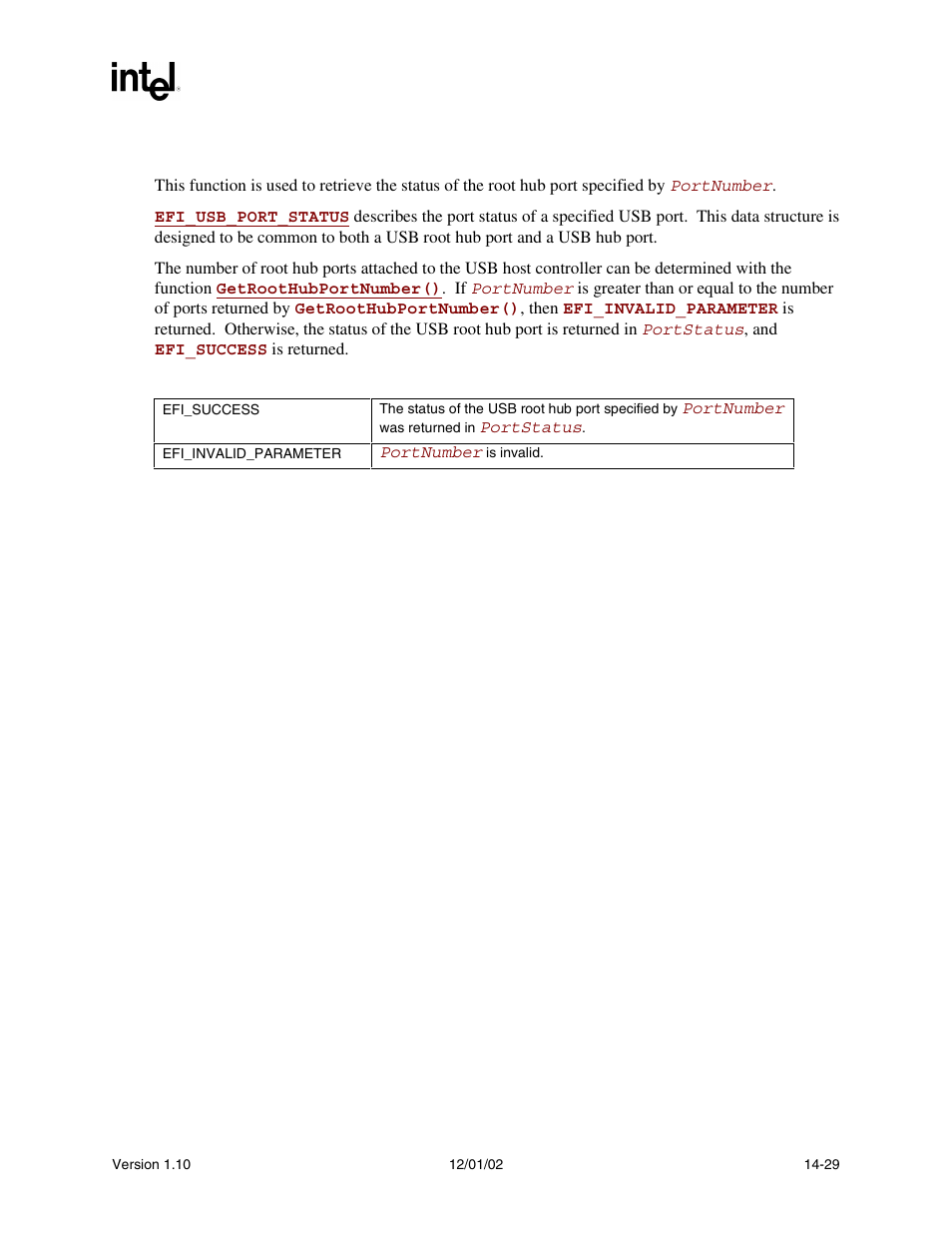 Description, Status codes returned | Intel Extensible Firmware Interface User Manual | Page 569 / 1084