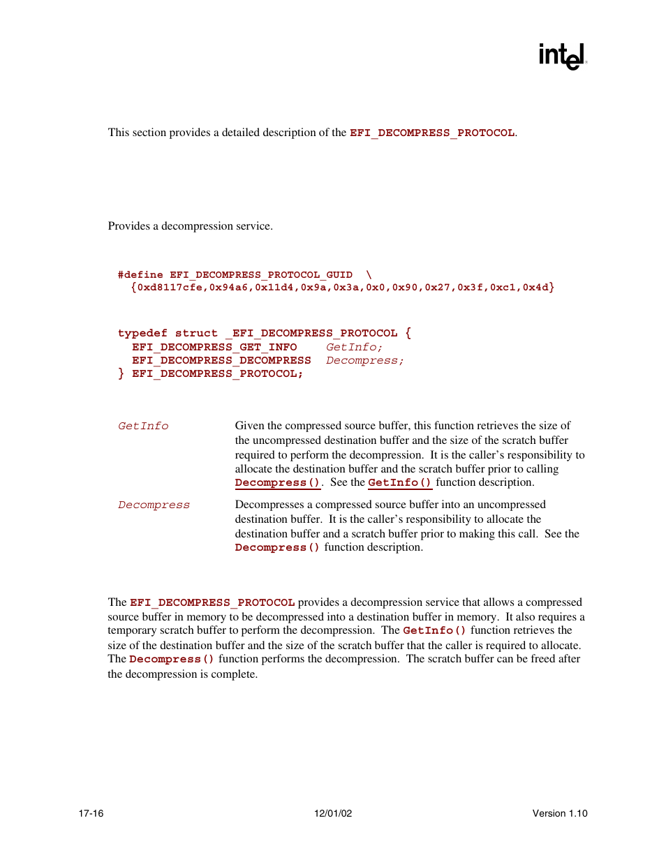 5 decompress protocol, Efi_decompress_protocol, Decompress | Decompress protocol | Intel Extensible Firmware Interface User Manual | Page 756 / 1084