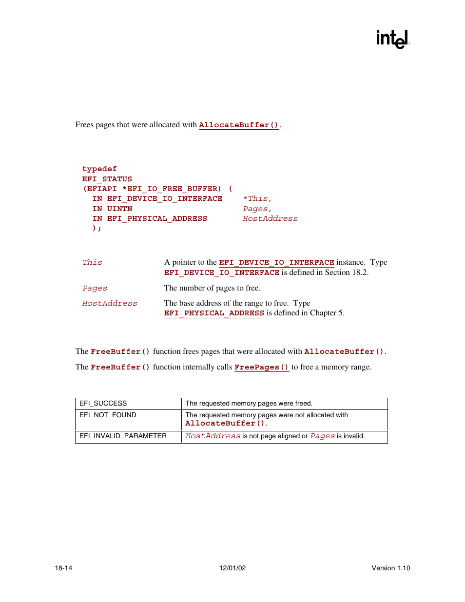 Device_io.freebuffer(), Freebuffer() | Intel Extensible Firmware Interface User Manual | Page 774 / 1084