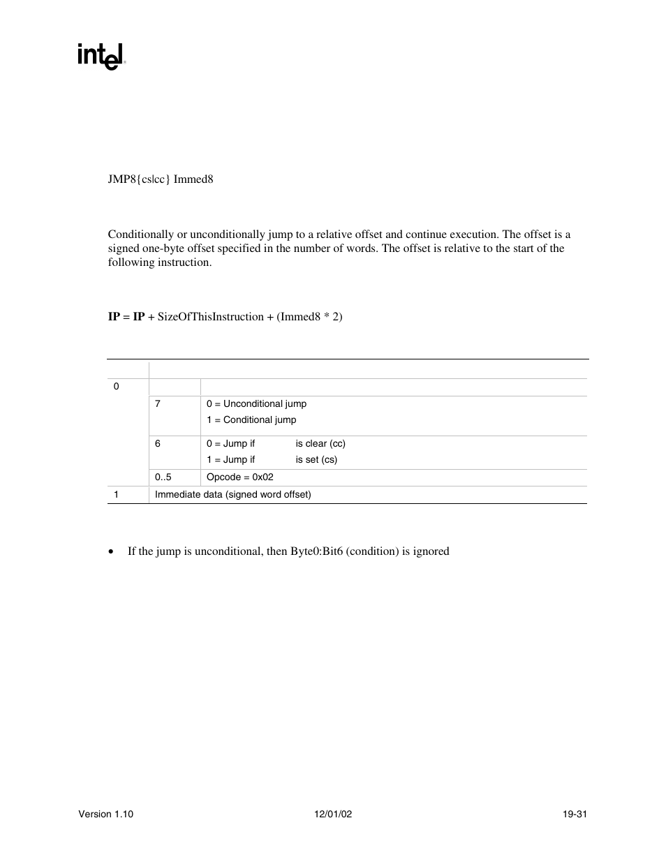 Jmp8, Jmp8 syntax, Description | Operation, Behaviors and restrictions | Intel Extensible Firmware Interface User Manual | Page 805 / 1084
