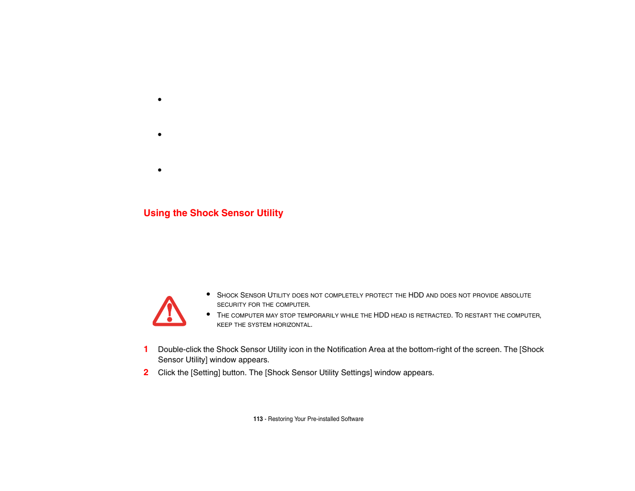 Using the shock sensor utility | Intel Fujitsu P8010 User Manual | Page 114 / 195
