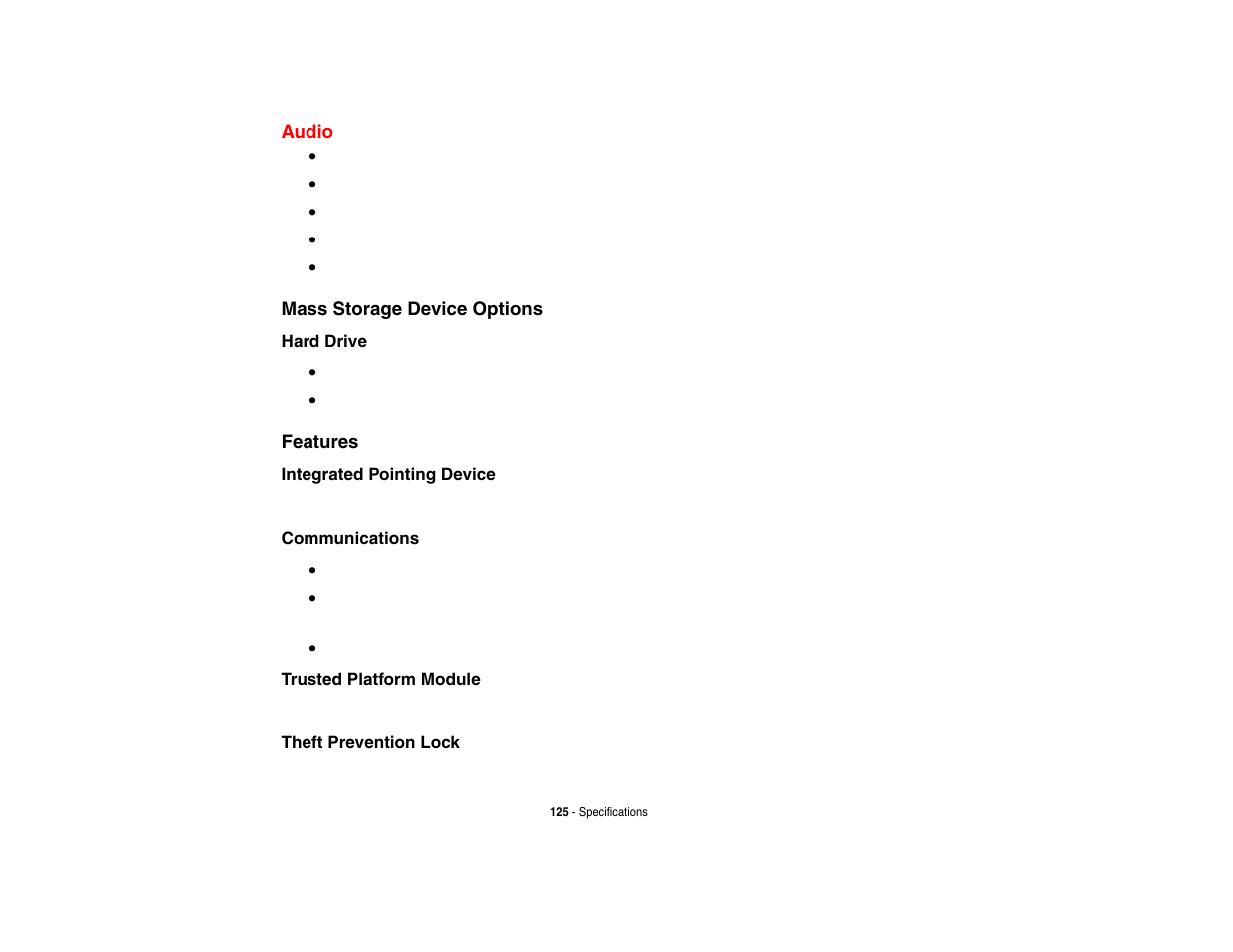 Audio, Mass storage device options, Features | Audio mass storage device options features | Intel Fujitsu P8010 User Manual | Page 126 / 195