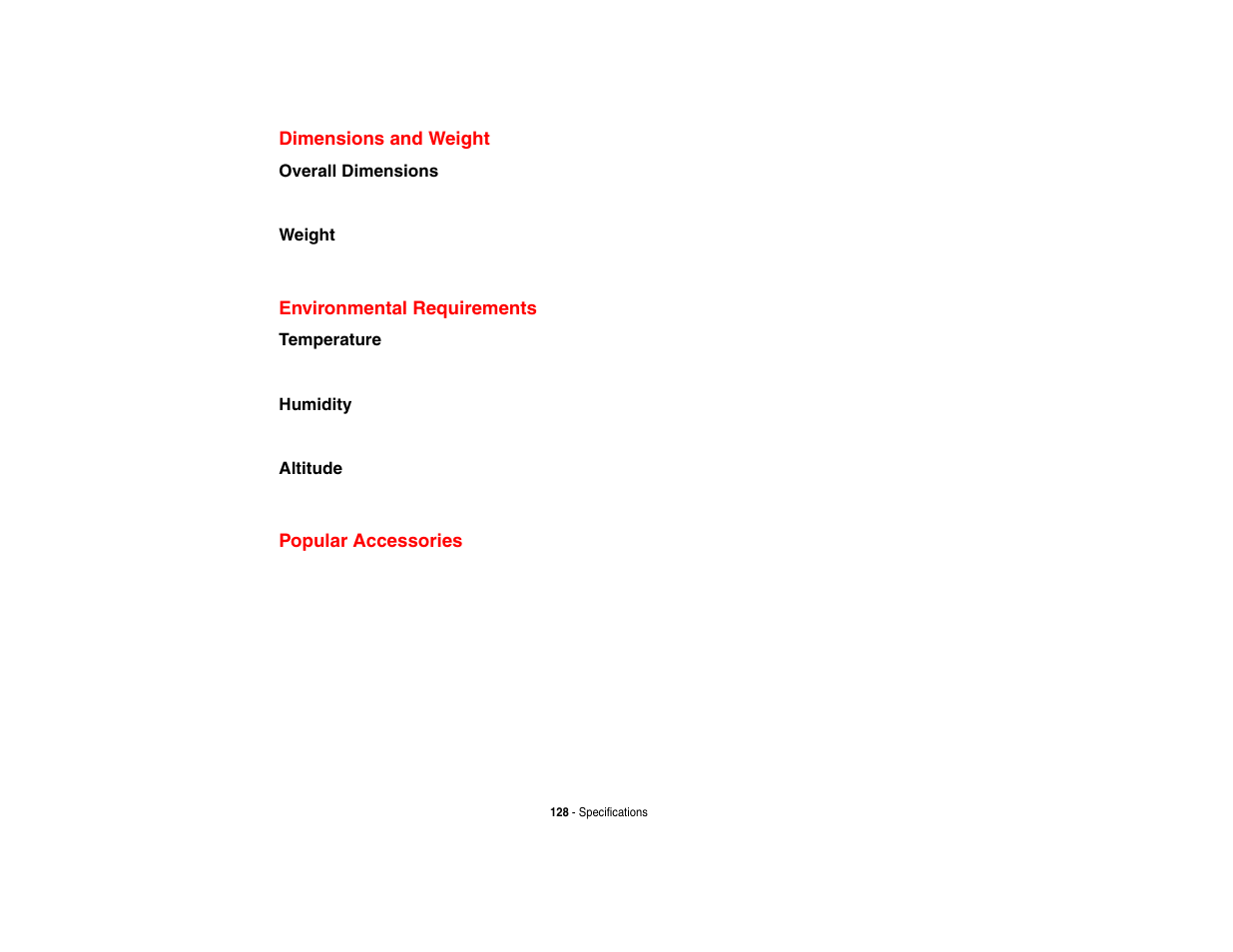 Dimensions and weight, Environmental requirements, Popular accessories | Intel Fujitsu P8010 User Manual | Page 129 / 195