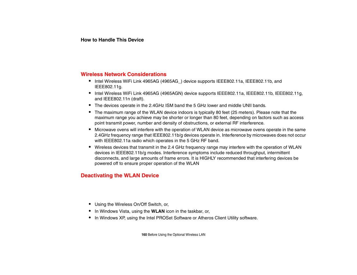Wireless network considerations, Deactivating the wlan device | Intel Fujitsu P8010 User Manual | Page 161 / 195