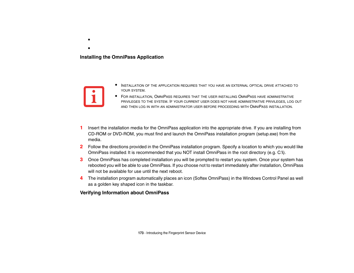 Installing the omnipass application, Verifying information about omnipass | Intel Fujitsu P8010 User Manual | Page 174 / 195