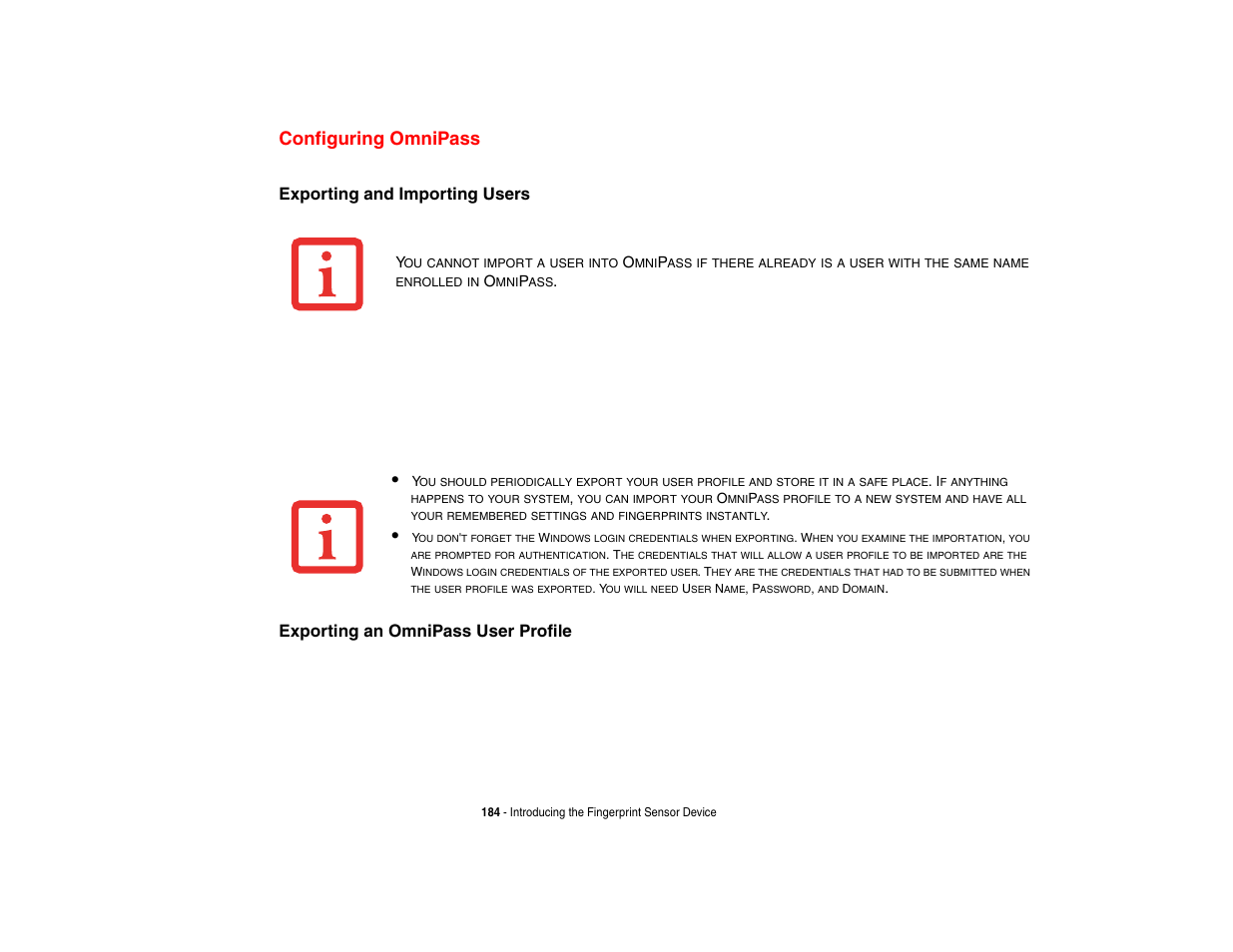 Configuring omnipass, Exporting and importing users, Exporting an omnipass user profile | Intel Fujitsu P8010 User Manual | Page 185 / 195