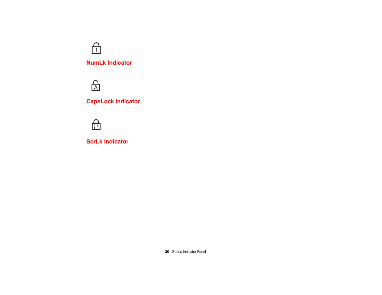 Numlk indicator, Capslock indicator, Scrlk indicator | Numlk indicator capslock indicator scrlk indicator | Intel Fujitsu P8010 User Manual | Page 31 / 195