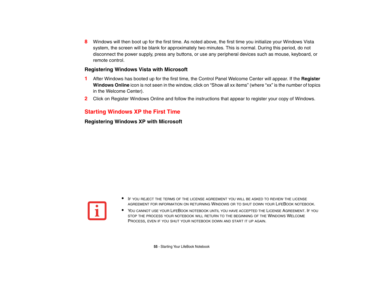 Starting windows xp the first time, Registering windows vista with microsoft 1, Registering windows xp with microsoft | Intel Fujitsu P8010 User Manual | Page 56 / 195