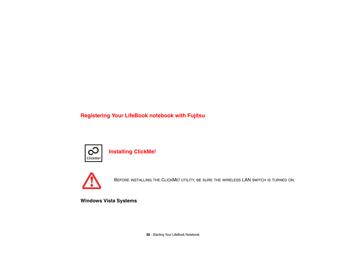 Registering your lifebook notebook with fujitsu, Installing clickme | Intel Fujitsu P8010 User Manual | Page 57 / 195