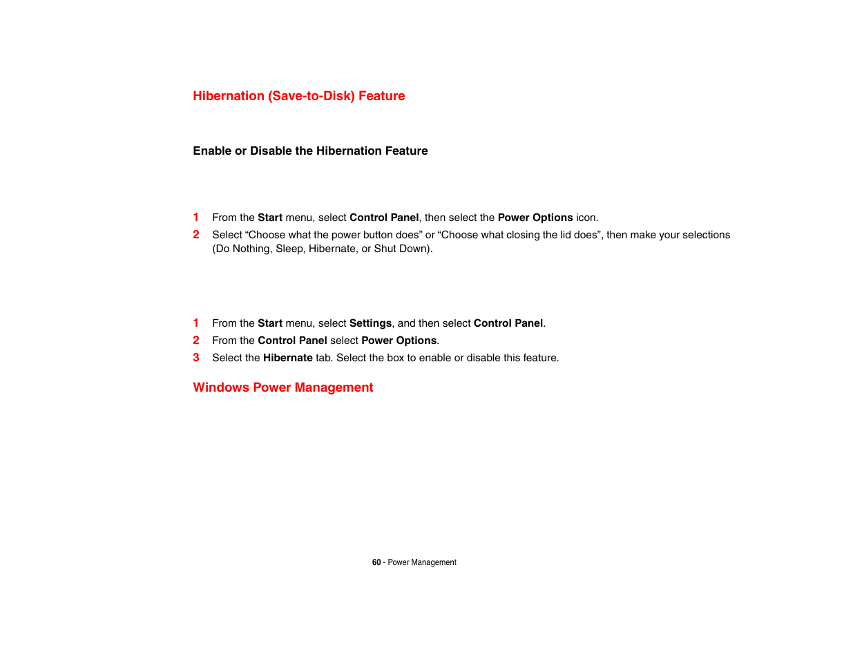 Hibernation (save-to-disk) feature, Windows power management | Intel Fujitsu P8010 User Manual | Page 61 / 195