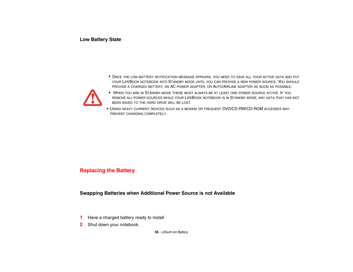 Replacing the battery, Low battery state | Intel Fujitsu P8010 User Manual | Page 66 / 195