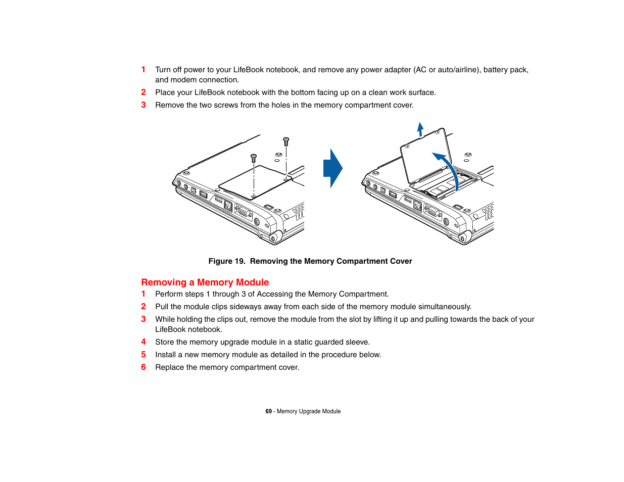 Removing a memory module | Intel Fujitsu P8010 User Manual | Page 70 / 195