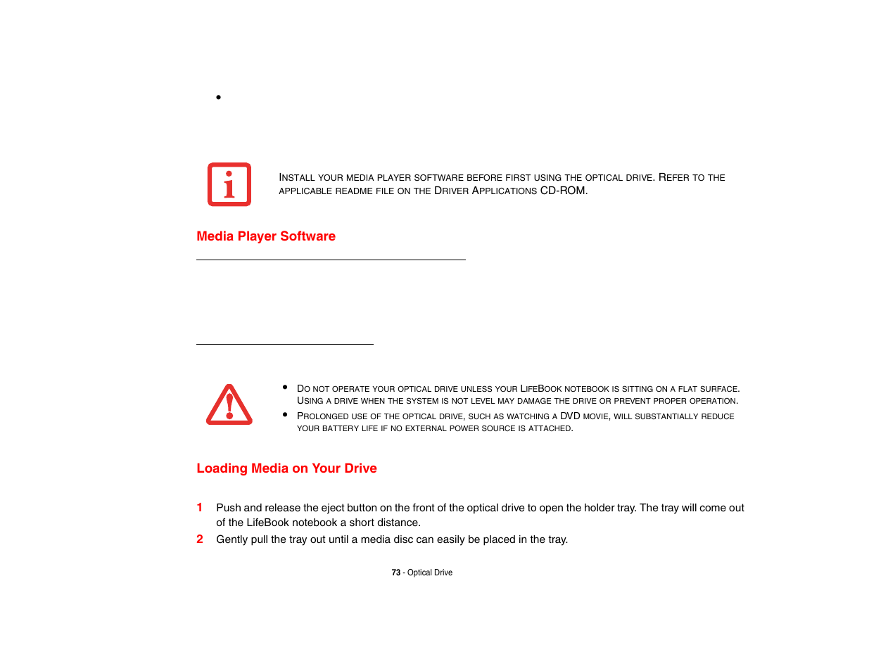 Media player software, Loading media on your drive, Media player software loading media on your drive | Intel Fujitsu P8010 User Manual | Page 74 / 195