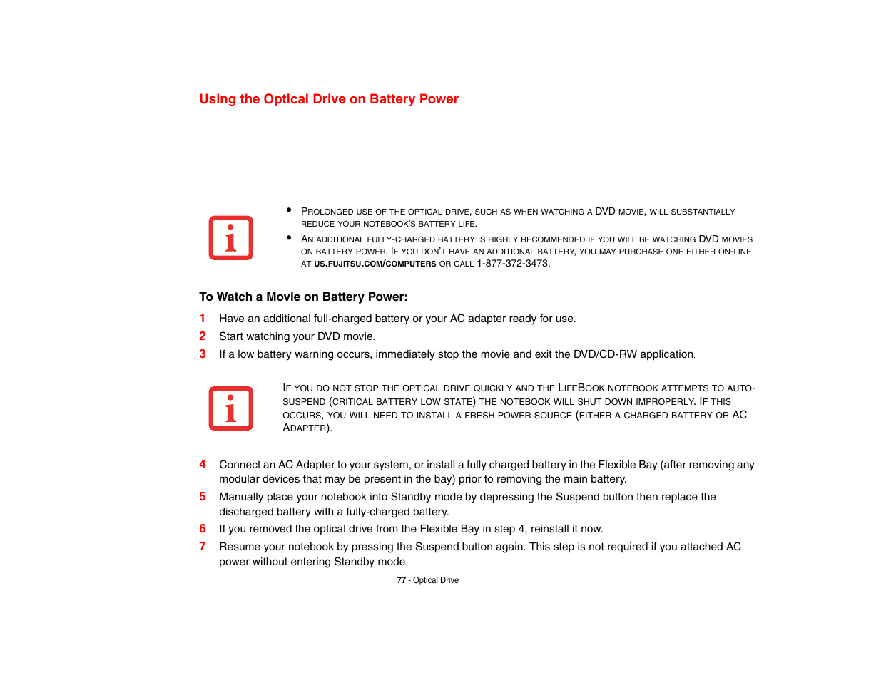 Using the optical drive on battery power | Intel Fujitsu P8010 User Manual | Page 78 / 195