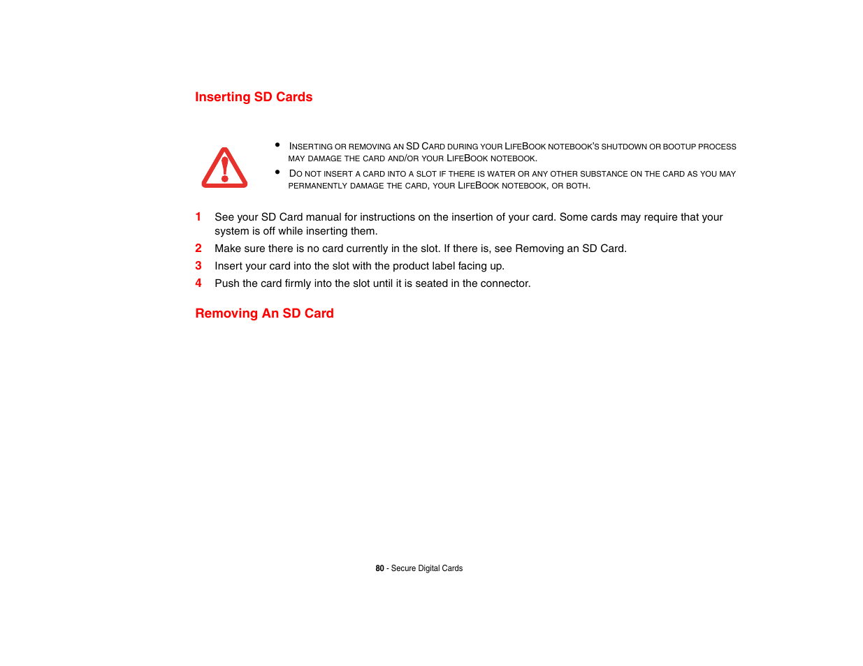 Inserting sd cards, Removing an sd card, Inserting sd cards removing an sd card | Intel Fujitsu P8010 User Manual | Page 81 / 195