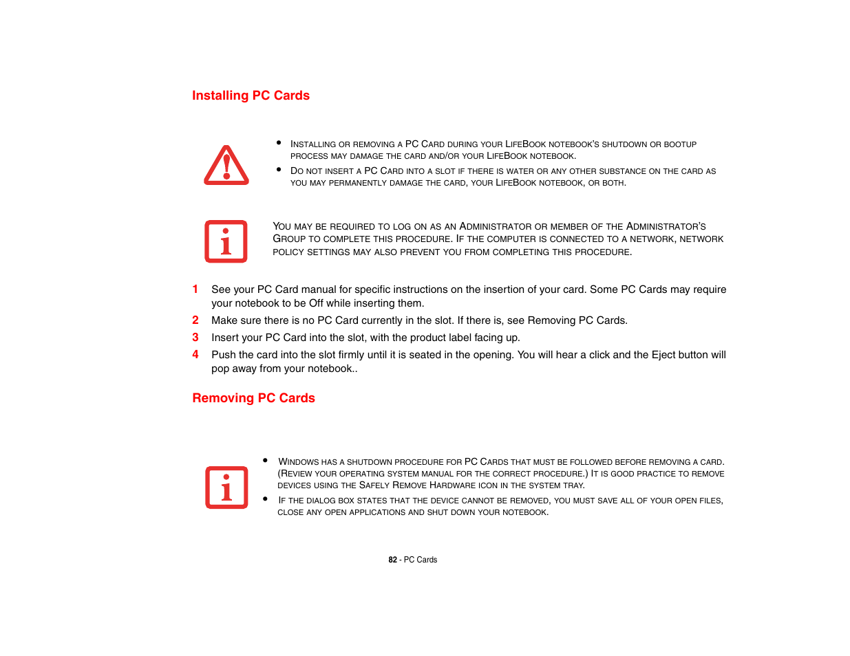Installing pc cards, Removing pc cards, Installing pc cards removing pc cards | Intel Fujitsu P8010 User Manual | Page 83 / 195
