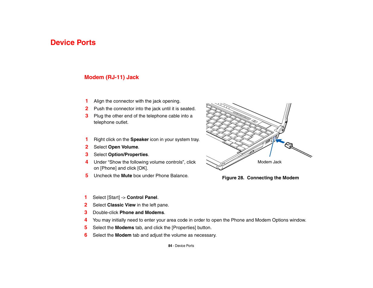 Device ports, Modem (rj-11) jack | Intel Fujitsu P8010 User Manual | Page 85 / 195