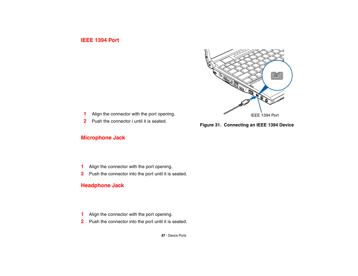 Ieee 1394 port, Microphone jack, Headphone jack | Ieee 1394 port microphone jack headphone jack | Intel Fujitsu P8010 User Manual | Page 88 / 195