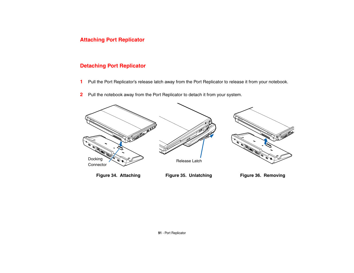 Attaching port replicator, Detaching port replicator | Intel Fujitsu P8010 User Manual | Page 92 / 195