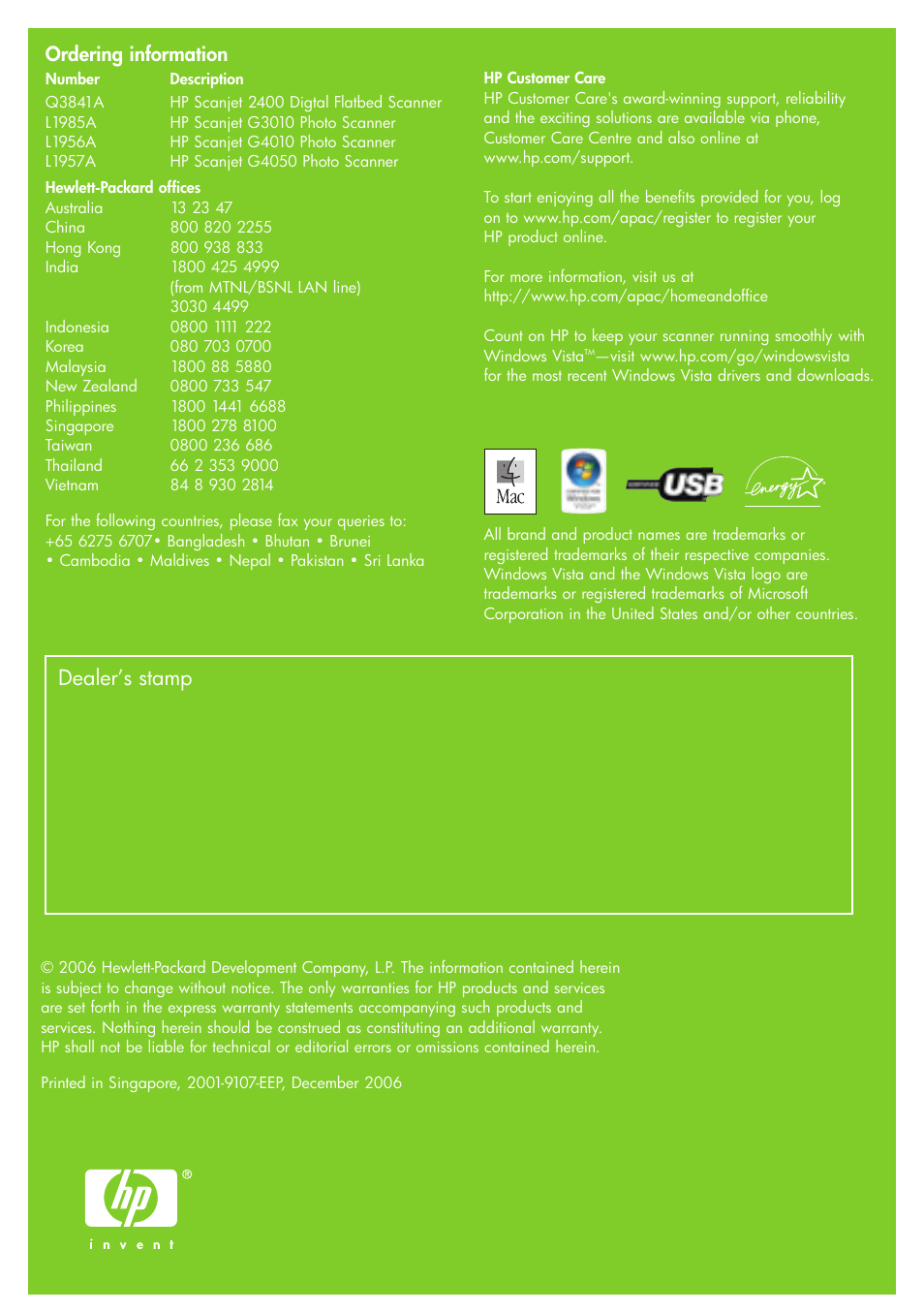 Dealer’s stamp, Ordering information | Intel Scanjet 2400 User Manual | Page 12 / 12