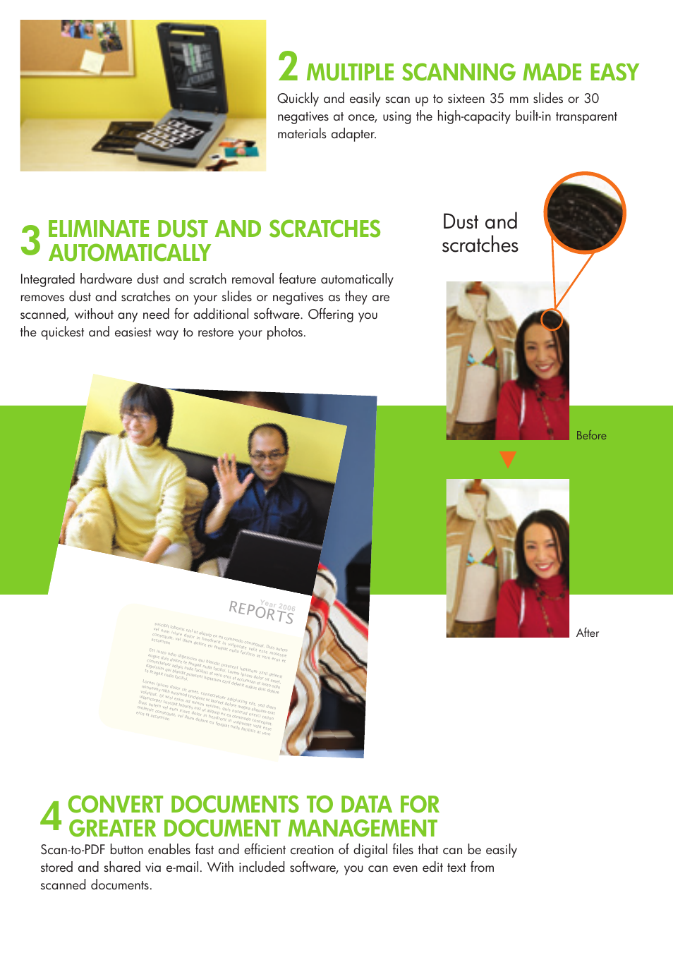 Eliminate dust and scratches automatically, Multiple scanning made easy, Dust and scratches | Intel Scanjet 2400 User Manual | Page 5 / 12
