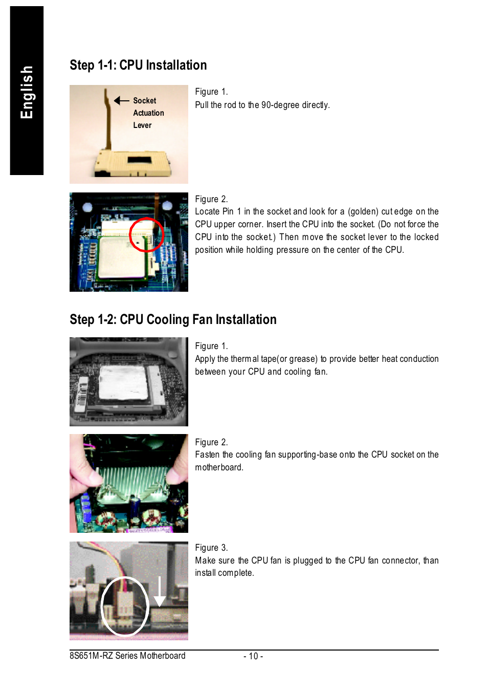 English, Step 1-1: cpu installation, Step 1-2: cpu cooling fan installation | Intel 8S651M-RZ User Manual | Page 10 / 40