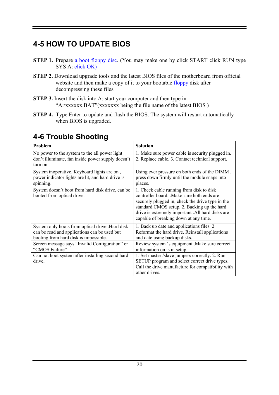 5 how to update bios, 6 trouble shooting | Intel G41 EXPRESS CHIPSET PMG41-D2 User Manual | Page 22 / 22