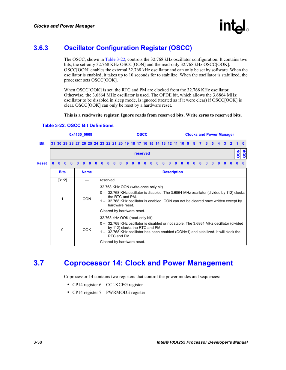 3 oscillator configuration register (oscc), 7 coprocessor 14: clock and power management, Oscillator configuration register (oscc) -38 | Coprocessor 14: clock and power management -38, Oscc bit definitions -38, Section 3.6.3 | Intel PXA255 User Manual | Page 100 / 600