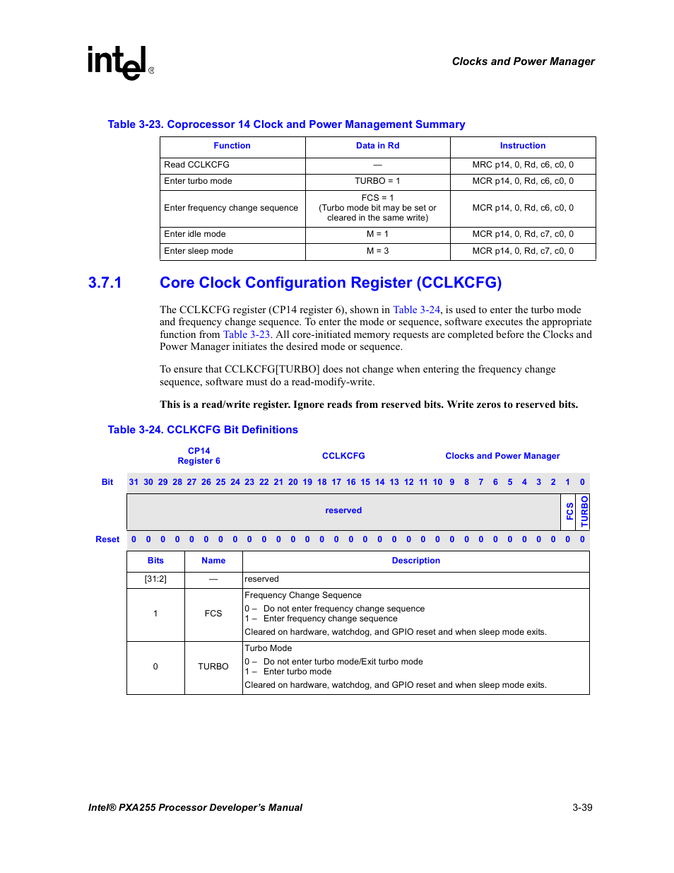 1 core clock configuration register (cclkcfg), Core clock configuration register (cclkcfg) -39, Cclkcfg bit definitions -39 | Section 3.7.1 | Intel PXA255 User Manual | Page 101 / 600