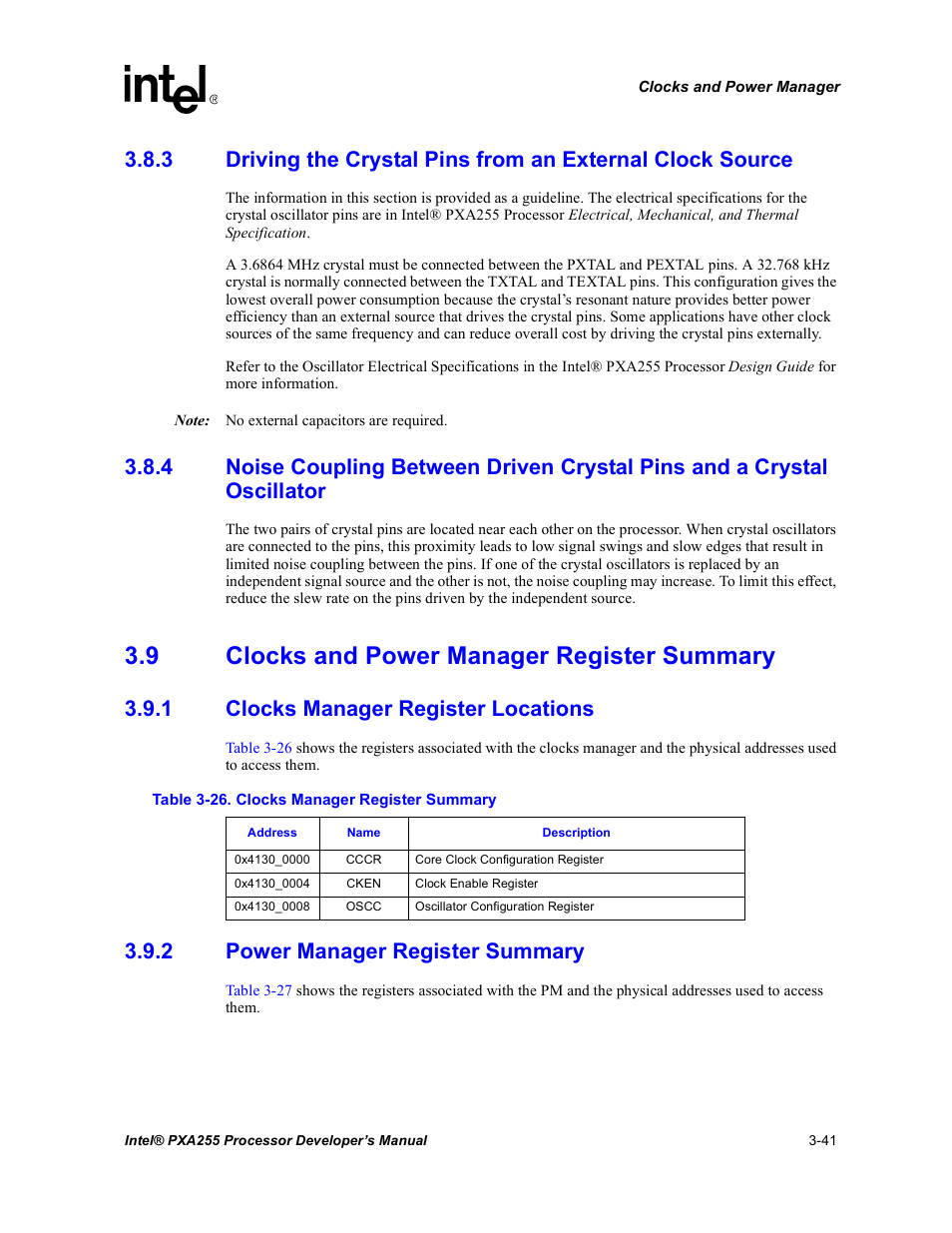 9 clocks and power manager register summary, 1 clocks manager register locations, 2 power manager register summary | Clocks manager register locations -41, Power manager register summary -41, Clocks manager register summary -41 | Intel PXA255 User Manual | Page 103 / 600