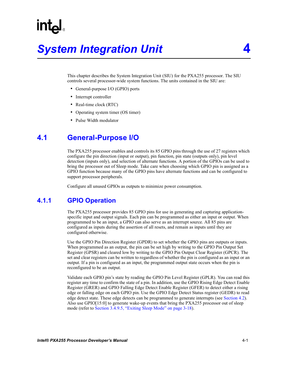 System integration unit 4, 1 general-purpose i/o, 1 gpio operation | System integration unit -1 4.1, General-purpose i/o -1 4.1.1, Gpio operation -1, Chapter 4, System integration unit | Intel PXA255 User Manual | Page 105 / 600