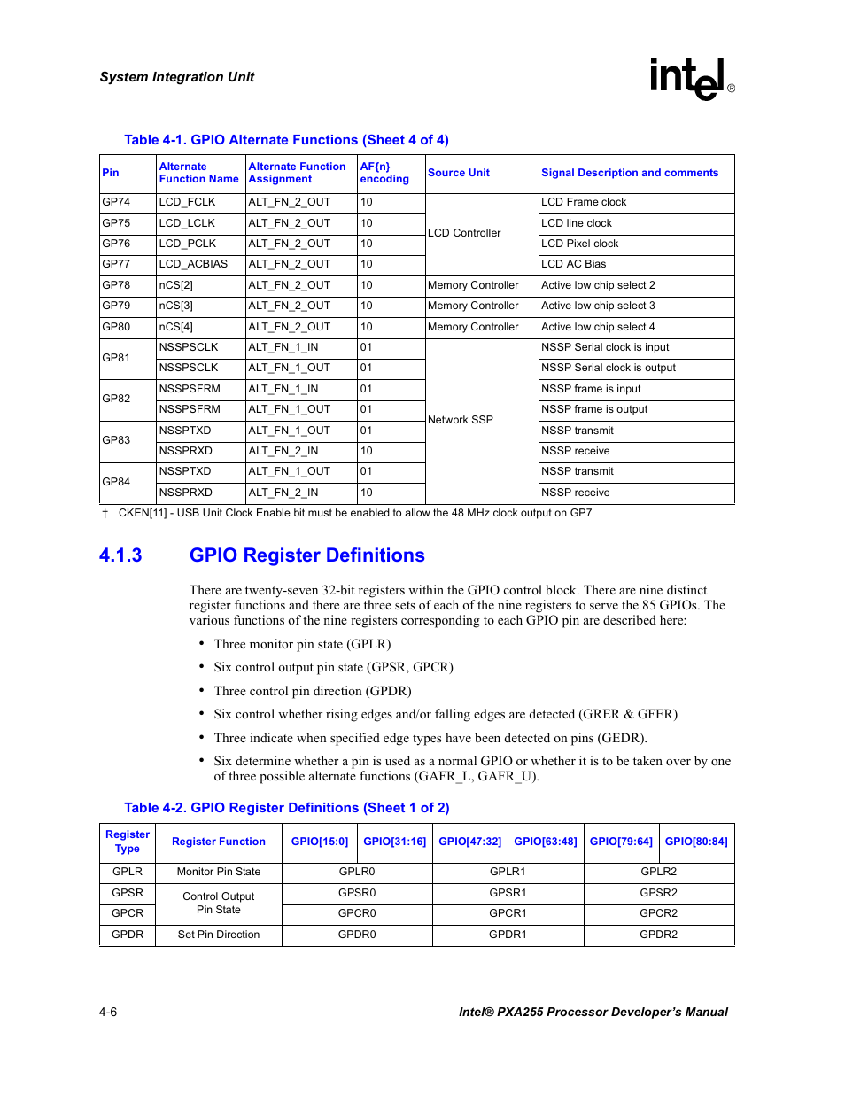 3 gpio register definitions, Gpio register definitions -6 | Intel PXA255 User Manual | Page 110 / 600