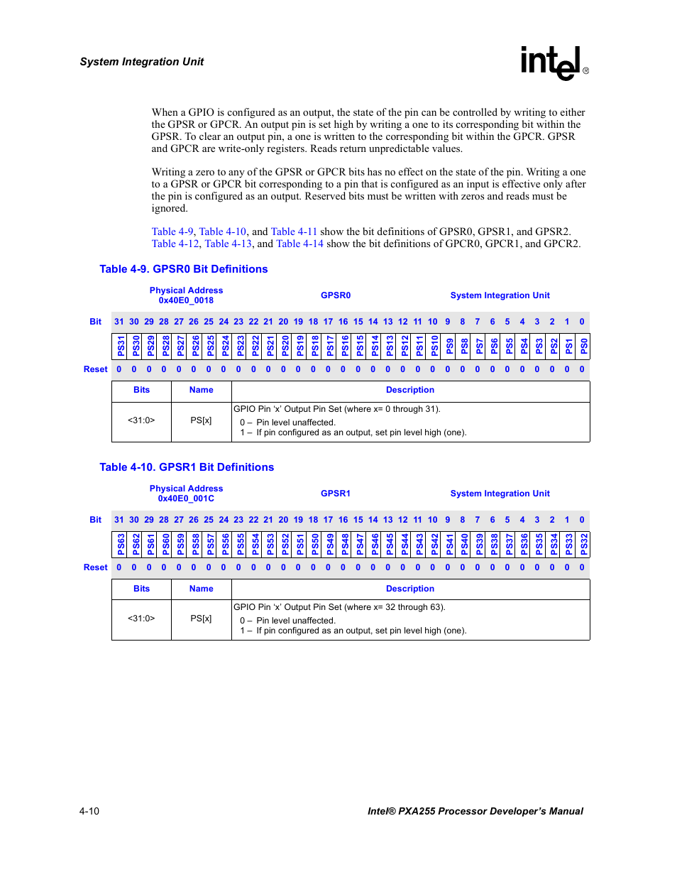 Gpsr0 bit definitions -10, Gpsr1 bit definitions -10 | Intel PXA255 User Manual | Page 114 / 600