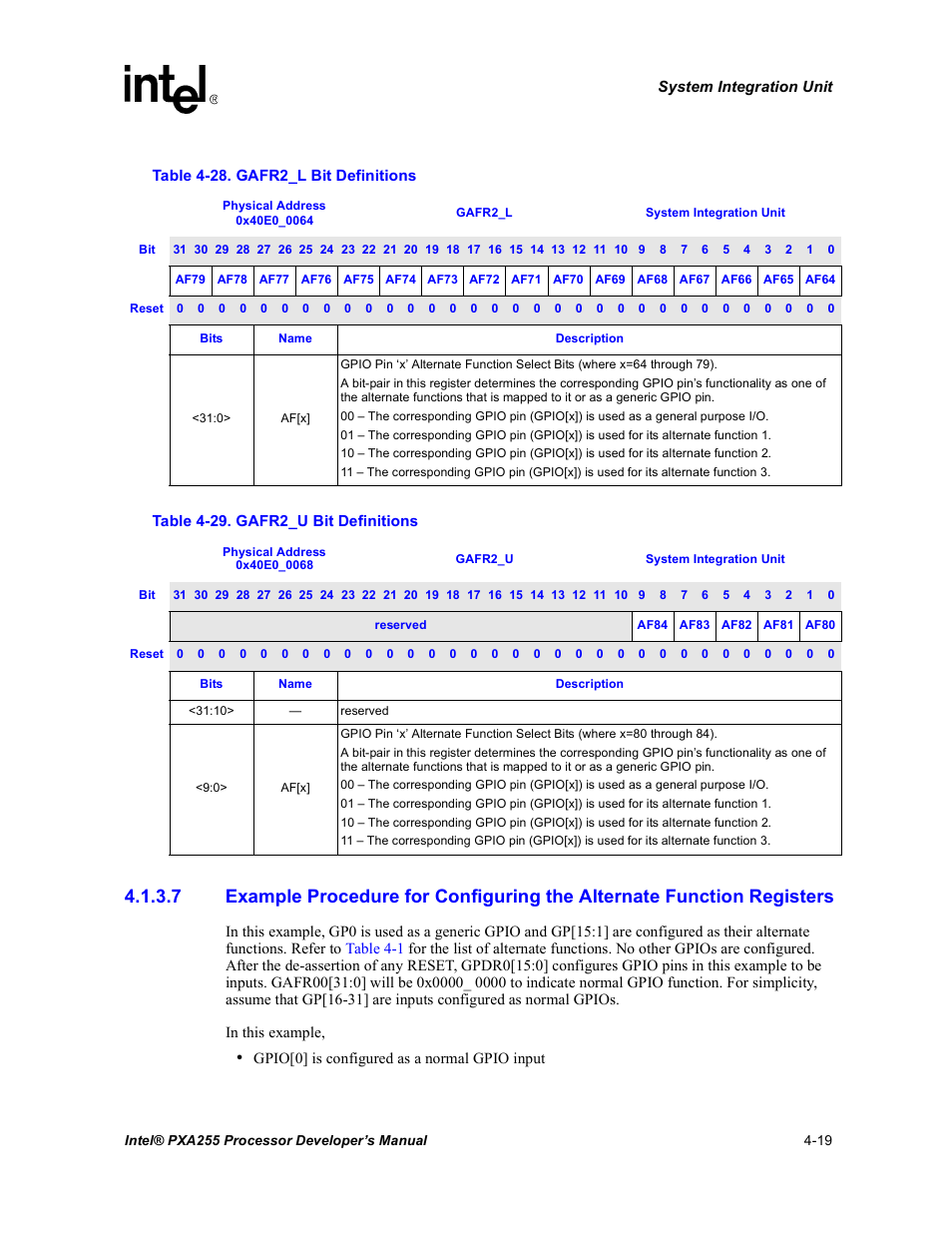 Gafr2_l bit definitions -19, Gafr2_u bit definitions -19, Table 4-28 | Table 4-29 | Intel PXA255 User Manual | Page 123 / 600