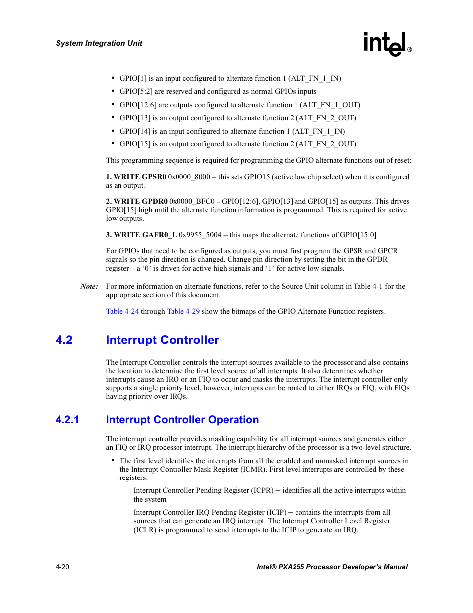 2 interrupt controller, 1 interrupt controller operation, Interrupt controller -20 4.2.1 | Interrupt controller operation -20, Section 4.2 | Intel PXA255 User Manual | Page 124 / 600