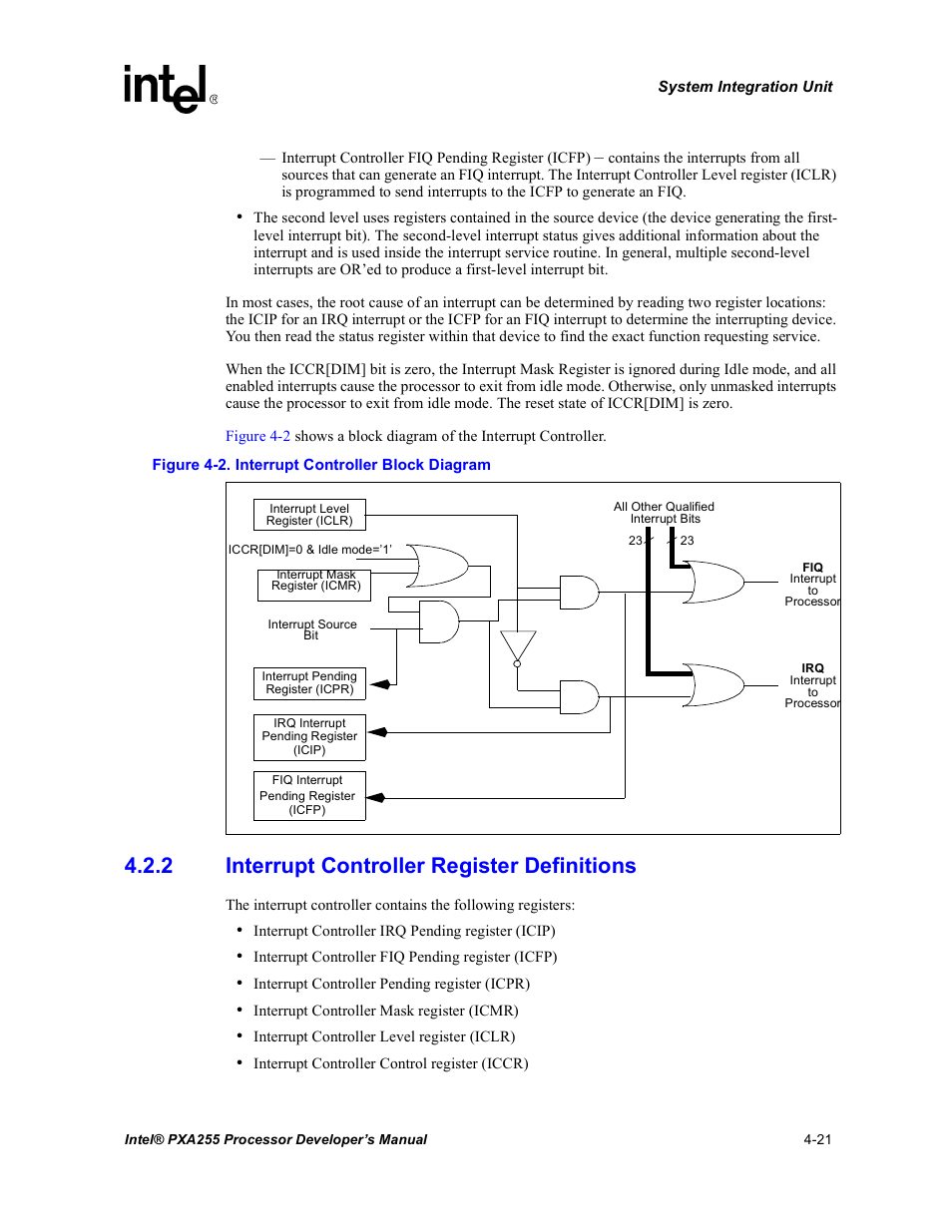 2 interrupt controller register definitions, Interrupt controller register definitions -21, Interrupt controller block diagram -21 | Intel PXA255 User Manual | Page 125 / 600