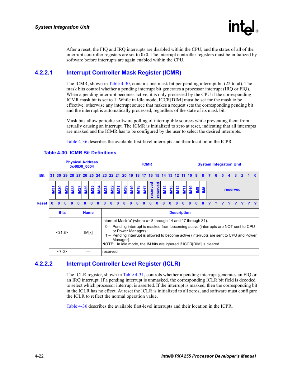 1 interrupt controller mask register (icmr), 2 interrupt controller level register (iclr), Icmr bit definitions -22 | Intel PXA255 User Manual | Page 126 / 600