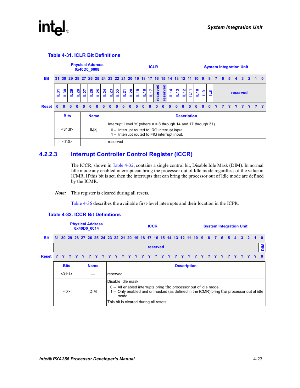 3 interrupt controller control register (iccr), Iclr bit definitions -23, Iccr bit definitions -23 | Table 4-31 | Intel PXA255 User Manual | Page 127 / 600