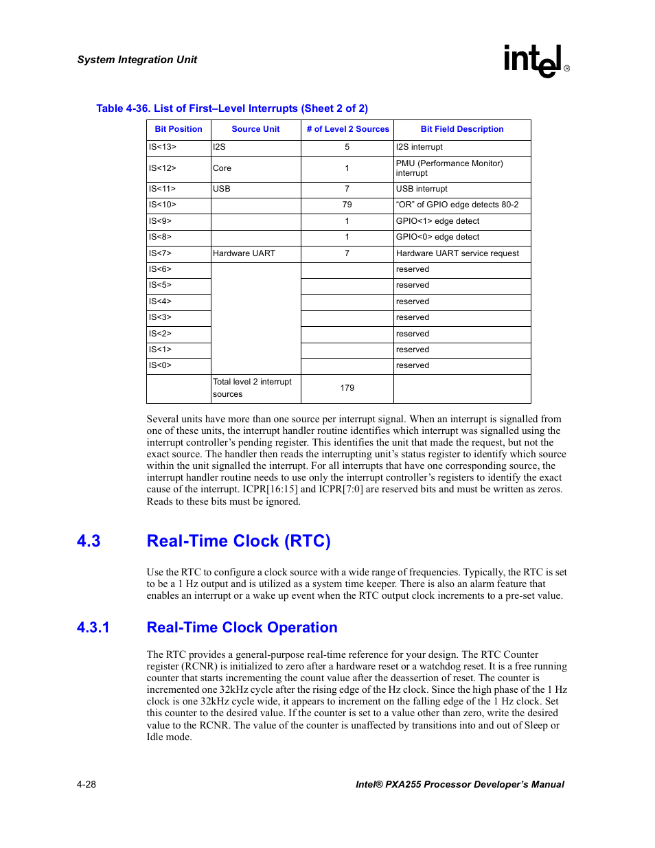 3 real-time clock (rtc), 1 real-time clock operation, Real-time clock (rtc) -28 4.3.1 | Real-time clock operation -28 | Intel PXA255 User Manual | Page 132 / 600