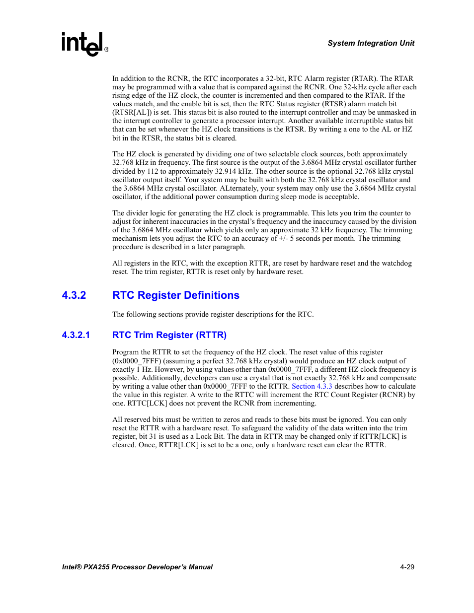 2 rtc register definitions, 1 rtc trim register (rttr), Rtc register definitions -29 | Intel PXA255 User Manual | Page 133 / 600