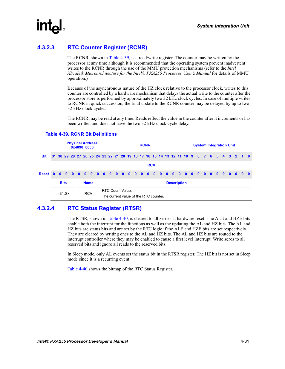 3 rtc counter register (rcnr), 4 rtc status register (rtsr), Rcnr bit definitions -31 | Intel PXA255 User Manual | Page 135 / 600