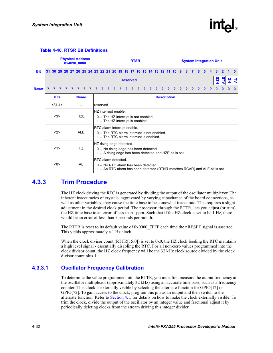 3 trim procedure, 1 oscillator frequency calibration, Trim procedure -32 | Rtsr bit definitions -32, Table 4-40 | Intel PXA255 User Manual | Page 136 / 600