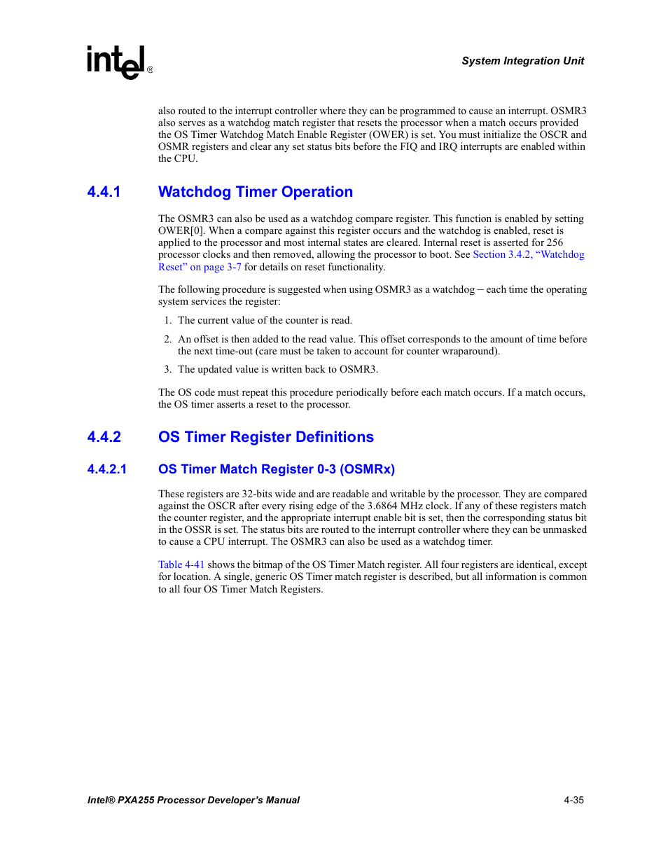 1 watchdog timer operation, 2 os timer register definitions, 1 os timer match register 0-3 (osmrx) | Watchdog timer operation -35, Os timer register definitions -35 | Intel PXA255 User Manual | Page 139 / 600