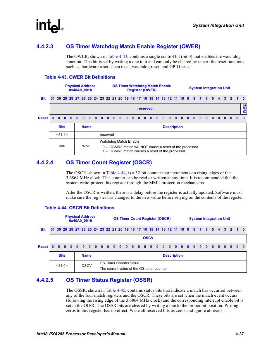 3 os timer watchdog match enable register (ower), 4 os timer count register (oscr), 5 os timer status register (ossr) | Ower bit definitions -37, Oscr bit definitions -37 | Intel PXA255 User Manual | Page 141 / 600